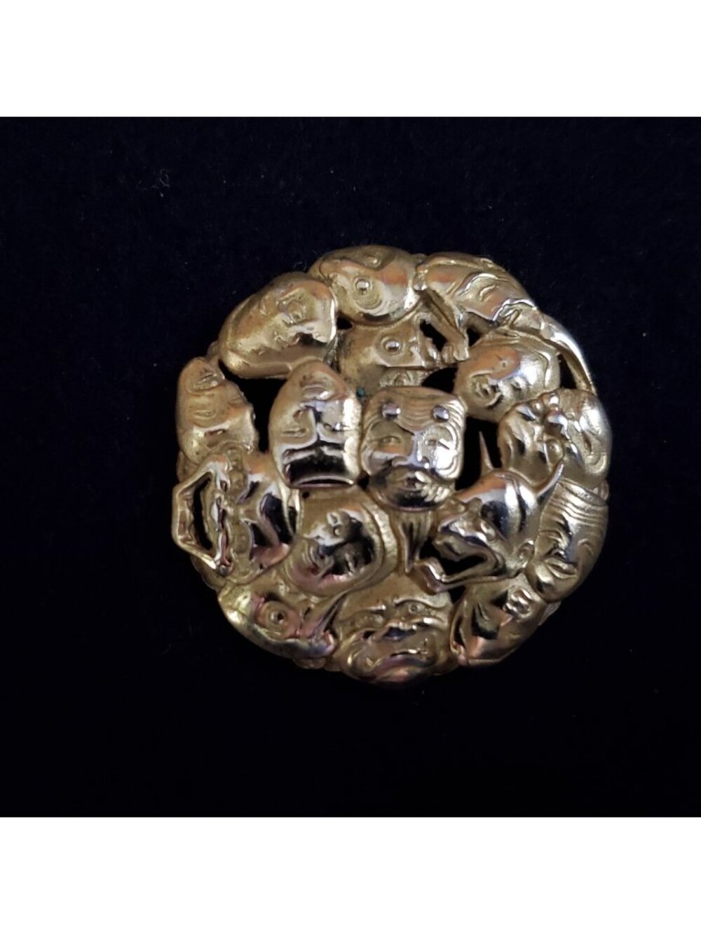 Vintage MFA Pendant Japanese Theatre Masks Omen Gold Tone 1 5/8"